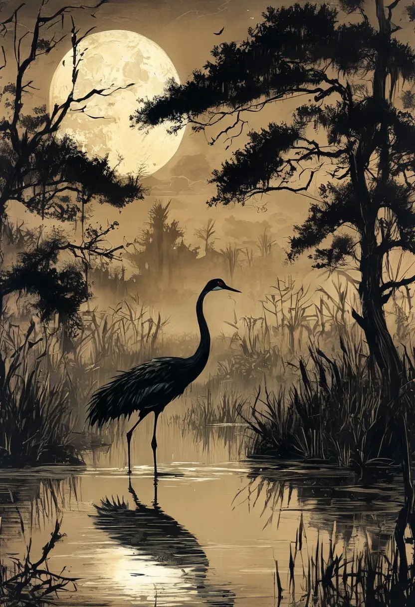 Moonlit Crane's Vigil - original