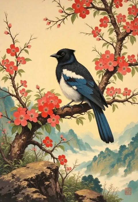 Magpie Amidst Crimson Blossoms - original